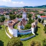 Biserica fortificată Hărman, Brașov, cu ziduri masive de apărare și turnul clopotniță înalt.